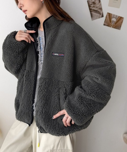 Java（ジャバ）の「《JaVaジャバコラボ》ほっこり可愛い♪大人のもこもこボア切り替えスタンドネックブルゾン(ミドル丈)（ブルゾン・レディース・レオパード/ベージュ/チャコール/アイボリー/モカ/カーキ・LARGE/MEDIUM/SMALL/X-LARGE）」の13枚目の写真
