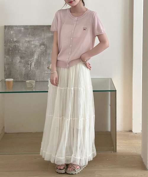 DAY CLOSET(デイ クローゼット)の「【ほどよい透け感】半袖ハートワンポイント サマー ニット カーディガン レディース(カーディガン/ボレロ・レディース・ブラック/イエロー/ライトブルー/アイボリー/ピンク・FREE)」の6枚目の写真