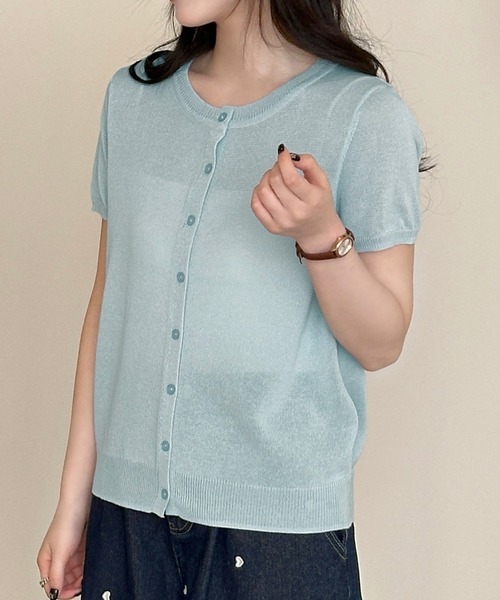DAY CLOSET(デイ クローゼット)の「【ほどよい透け感】半袖ハートワンポイント サマー ニット カーディガン レディース(カーディガン/ボレロ・レディース・ブラック/イエロー/ライトブルー/アイボリー/ピンク・FREE)」の11枚目の写真