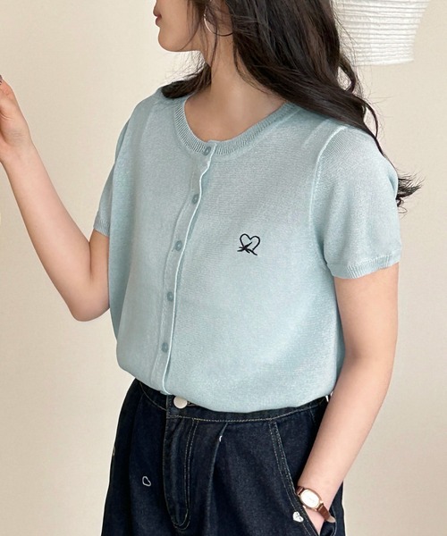 DAY CLOSET(デイ クローゼット)の「【ほどよい透け感】半袖ハートワンポイント サマー ニット カーディガン レディース(カーディガン/ボレロ・レディース・ブラック/イエロー/ライトブルー/アイボリー/ピンク・FREE)」の12枚目の写真