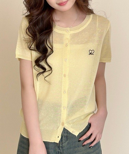 DAY CLOSET(デイ クローゼット)の「【ほどよい透け感】半袖ハートワンポイント サマー ニット カーディガン レディース(カーディガン/ボレロ・レディース・ブラック/イエロー/ライトブルー/アイボリー/ピンク・FREE)」の15枚目の写真