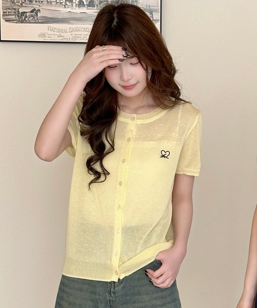 DAY CLOSET(デイ クローゼット)の「【ほどよい透け感】半袖ハートワンポイント サマー ニット カーディガン レディース(カーディガン/ボレロ・レディース・ブラック/イエロー/ライトブルー/アイボリー/ピンク・FREE)」の16枚目の写真