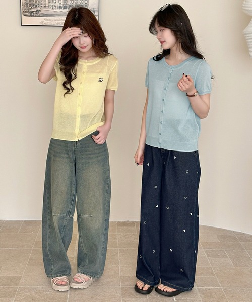 DAY CLOSET(デイ クローゼット)の「【ほどよい透け感】半袖ハートワンポイント サマー ニット カーディガン レディース(カーディガン/ボレロ・レディース・ブラック/イエロー/ライトブルー/アイボリー/ピンク・FREE)」の18枚目の写真