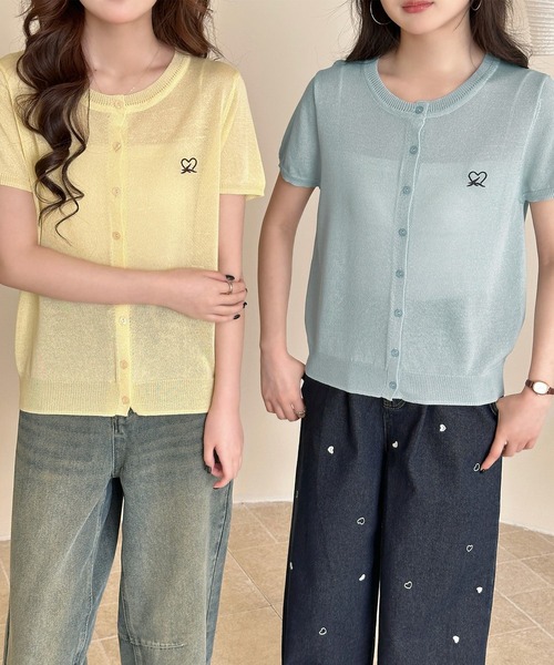 DAY CLOSET(デイ クローゼット)の「【ほどよい透け感】半袖ハートワンポイント サマー ニット カーディガン レディース(カーディガン/ボレロ・レディース・ブラック/イエロー/ライトブルー/アイボリー/ピンク・FREE)」の20枚目の写真