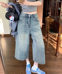 ヴィンテージウォッシュ ワイドデニムパンツ / バギーパンツ ハイウエスト