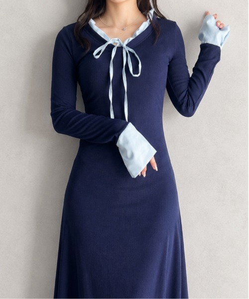 GREENHOX(グリーンホックス)の「【細見え】配色リボンフレアロングワンピース(ワンピース・レディース・ネイビー・MEDIUM/LARGE)」の11枚目の写真