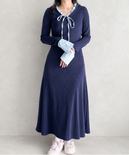 GREENHOX(グリーンホックス)の「【細見え】配色リボンフレアロングワンピース(ワンピース・レディース・ネイビー・MEDIUM/LARGE)」の10枚目の写真