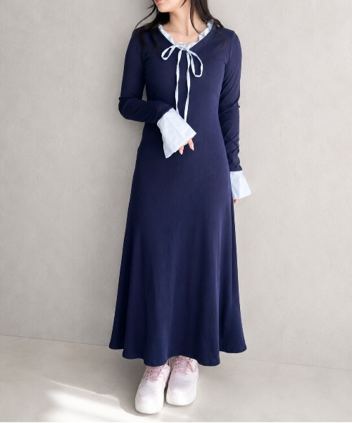 GREENHOX(グリーンホックス)の「【細見え】配色リボンフレアロングワンピース(ワンピース・レディース・ネイビー・MEDIUM/LARGE)」の8枚目の写真