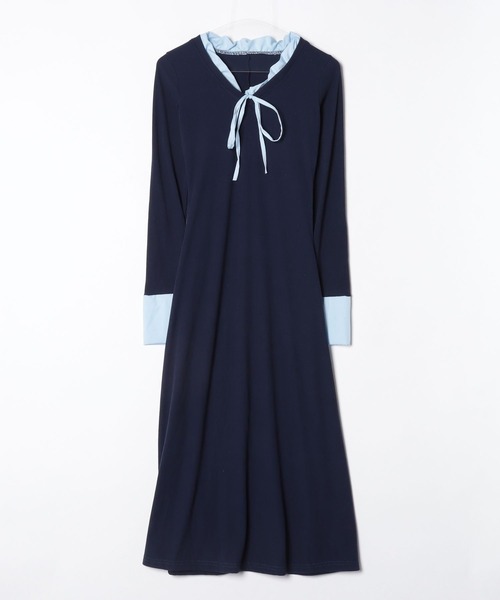 GREENHOX(グリーンホックス)の「【細見え】配色リボンフレアロングワンピース(ワンピース・レディース・ネイビー・MEDIUM/LARGE)」の3枚目の写真