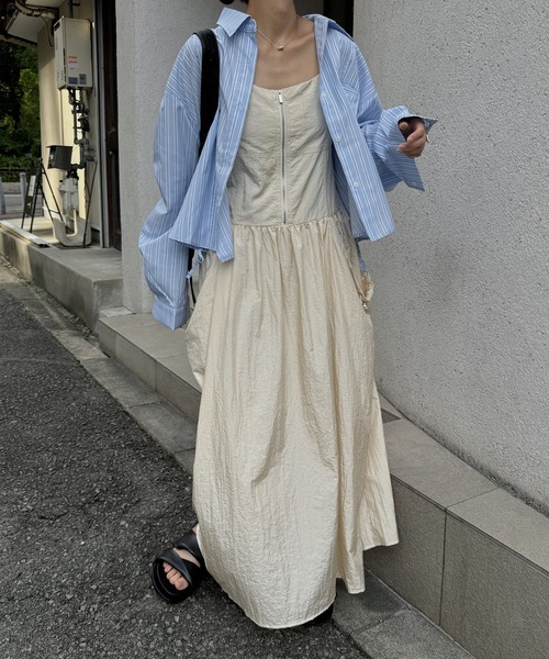 nananamoe(ナナナモエ)の「gather drawstring front zip nylon cami OP / ギャザードローストリングフロントジップナイロンキャミワンピース(ワンピース・レディース・ライトベージュ/ブラック・FREE)」の1枚目の写真