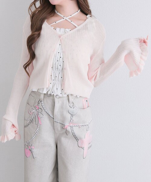 OLIVE des OLIVE(オリーブデオリーブ)の「袖フリルシアカーデ(カーディガン/ボレロ・レディース・オフホワイト/ブラック/ピンク・FREE)」の4枚目の写真
