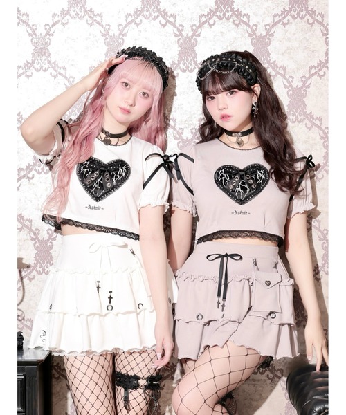 NOEMIE(ノエミー)の「ハートサテンハトメリボンショートTシャツ(Tシャツ/カットソー・レディース・ブラック/ピンク/オフホワイト・M)」の4枚目の写真
