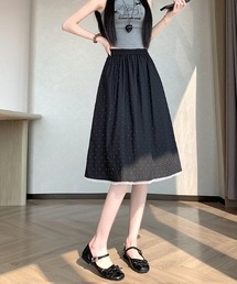 レース切替 ドット柄 Aライン ミモレ丈 スカート