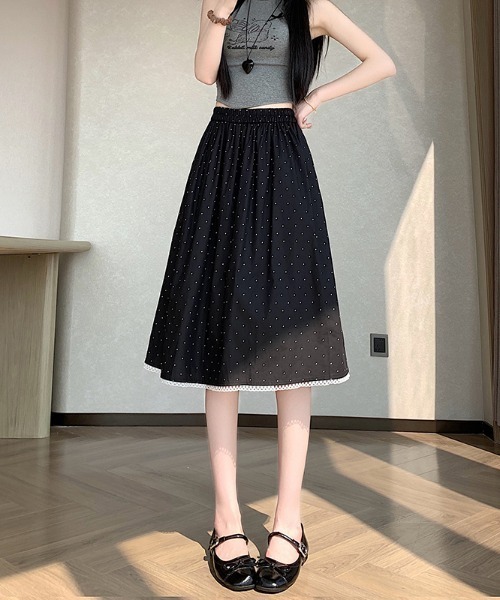 AMAJI(アマジ)の「レース切替 ドット柄 Aライン ミモレ丈 スカート(スカート・レディース・ホワイト/ブラック・LARGE/X-LARGE/XX-LARGE)」の5枚目の写真