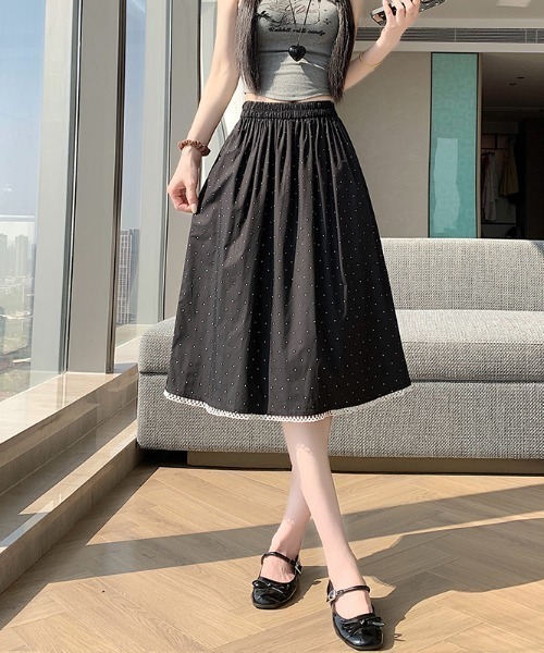 AMAJI(アマジ)の「レース切替 ドット柄 Aライン ミモレ丈 スカート(スカート・レディース・ホワイト/ブラック・LARGE/X-LARGE/XX-LARGE)」の6枚目の写真
