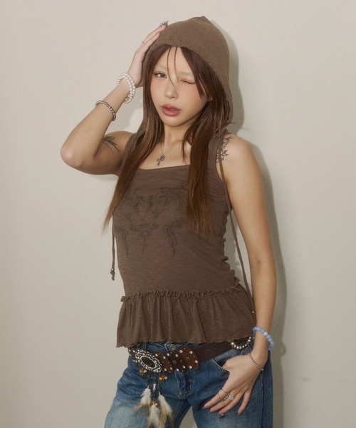 d.i.a.(ダイヤ)の「ペプラムフーディタンクトップ(Tシャツ/カットソー・レディース・ブラウン/ホワイト/ブラック・FREE)」の20枚目の写真