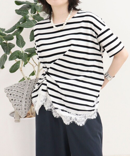 fredy emue(フレディエミュ)の「ボーダーアシメツイストプルオーバーTシャツ(Tシャツ/カットソー・レディース・ブラック系その他/ホワイト系その他/ベージュ系その他・38)」の9枚目の写真