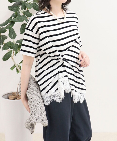 fredy emue(フレディエミュ)の「ボーダーアシメツイストプルオーバーTシャツ(Tシャツ/カットソー・レディース・ブラック系その他/ホワイト系その他/ベージュ系その他・38)」の10枚目の写真