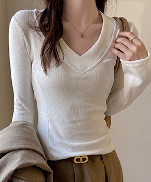 meJane（ミージェーン）の「テレコ Vネック長袖トップス（Tシャツ/カットソー・レディース・ダークグレー/ダークブラウン/ホワイト/ブラック・FREE）」の2枚目の写真
