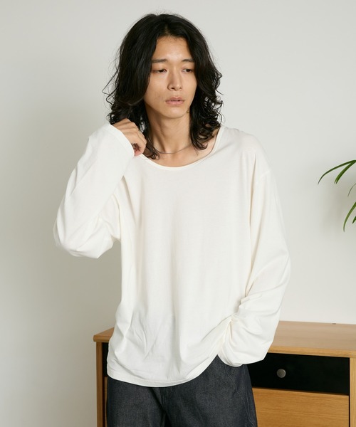 RAGEBLUE(レイジブルー)の「LOOSE NECK SHEER LONG TEE/ユルネックシアーロンT(Tシャツ/カットソー・メンズ・ホワイト/ブラック・LARGE/MEDIUM)」の1枚目の写真