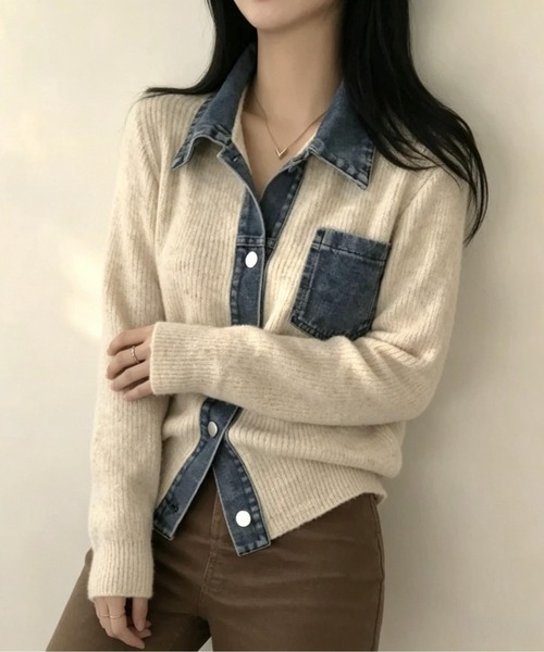 FLINEA(フリネア)の「デニム切り替えニットカーディガン(カーディガン/ボレロ・レディース・ブラウン/ネイビー/ベージュ/グレー・FREE)」の3枚目の写真