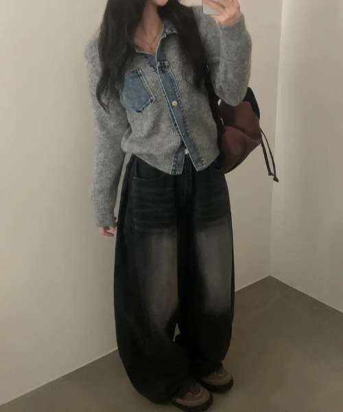 FLINEA(フリネア)の「デニム切り替えニットカーディガン(カーディガン/ボレロ・レディース・ブラウン/ネイビー/ベージュ/グレー・FREE)」の10枚目の写真
