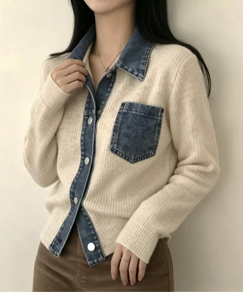 FLINEA(フリネア)の「デニム切り替えニットカーディガン(カーディガン/ボレロ・レディース・ブラウン/ネイビー/ベージュ/グレー・FREE)」の19枚目の写真