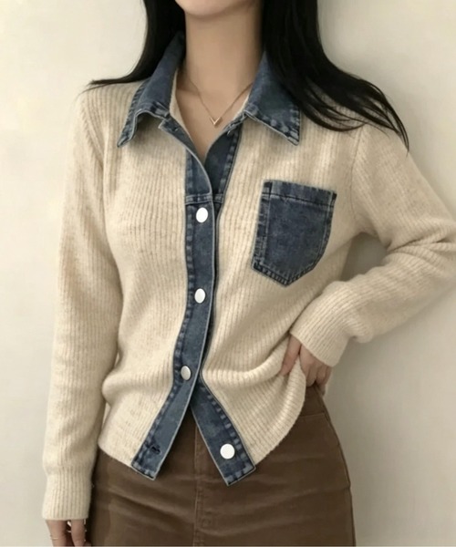FLINEA(フリネア)の「デニム切り替えニットカーディガン(カーディガン/ボレロ・レディース・ブラウン/ネイビー/ベージュ/グレー・FREE)」の20枚目の写真
