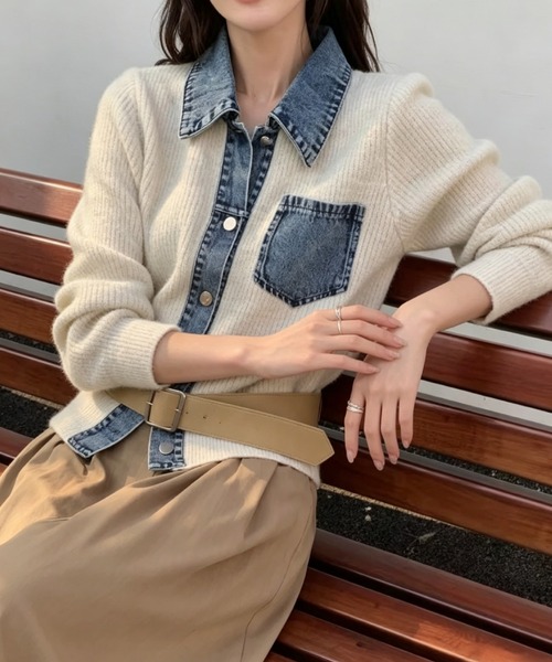 FLINEA(フリネア)の「デニム切り替えニットカーディガン(カーディガン/ボレロ・レディース・ブラウン/ネイビー/ベージュ/グレー・FREE)」の21枚目の写真