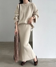 26AW/サイドボタンデザイン リブニットトップス＆ロングスカート 2点セットアップ