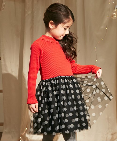apres les cours(アプレレクール)の「ドットプリントチュールドッキングワンピース(ワンピース・キッズ・アイボリー/レッド/ネイビー・140/80/130/110/120/100/90)」の3枚目の写真