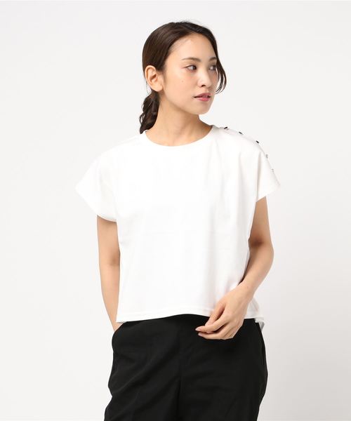 MEW'S REFINED CLOTHES(ミューズリファインドクローズ)の「異素材使いカットトップス(Tシャツ/カットソー)」|ホワイト