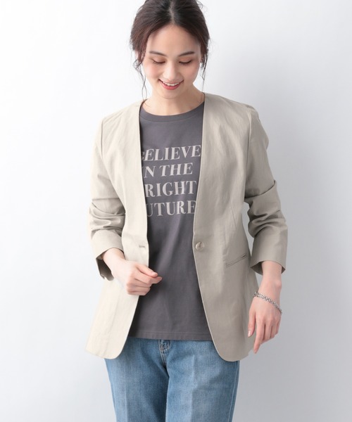 GLOBAL WORK（グローバルワーク）の「リネンコンSETUPジャケット【MATINEE LINE】/940048（ノーカラージャケット・レディース・グリーン系その他6/グレイッシュベージュ/ダークブラウン/ライトベージュ・MEDIUM/LARGE）」の3枚目の写真