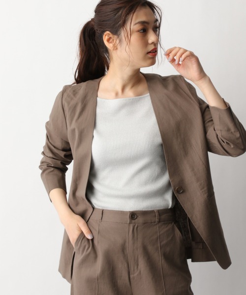 GLOBAL WORK（グローバルワーク）の「リネンコンSETUPジャケット【MATINEE LINE】/940048（ノーカラージャケット・レディース・グリーン系その他6/グレイッシュベージュ/ダークブラウン/ライトベージュ・MEDIUM/LARGE）」の2枚目の写真