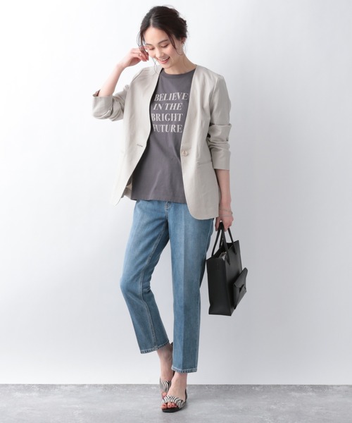 GLOBAL WORK（グローバルワーク）の「リネンコンSETUPジャケット【MATINEE LINE】/940048（ノーカラージャケット・レディース・グリーン系その他6/グレイッシュベージュ/ダークブラウン/ライトベージュ・MEDIUM/LARGE）」の5枚目の写真