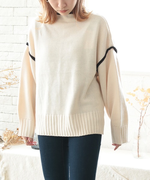 White Collection（ホワイトコレクション）の「2021AW 配色リンキングハイネックニット（ニット/セーター・レディース・ブラック/ベージュ/ブラウン/オフホワイト・FREE）」の2枚目の写真