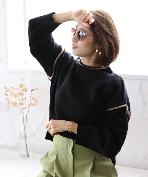 White Collection（ホワイトコレクション）の「2021AW 配色リンキングハイネックニット（ニット/セーター・レディース・ブラック/ベージュ/ブラウン/オフホワイト・FREE）」の3枚目の写真