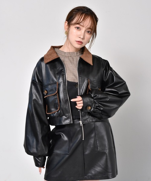 ems excite（エムズエキサイト）の「エコレザーブルゾン（ダウンジャケット/コート・レディース・アイボリー/ブラック・FREE）」の2枚目の写真