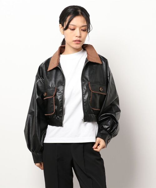 ems excite（エムズエキサイト）の「エコレザーブルゾン（ダウンジャケット/コート・レディース・アイボリー/ブラック・FREE）」の15枚目の写真