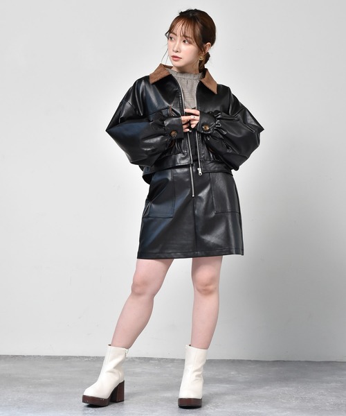 ems excite（エムズエキサイト）の「エコレザーブルゾン（ダウンジャケット/コート・レディース・アイボリー/ブラック・FREE）」の9枚目の写真