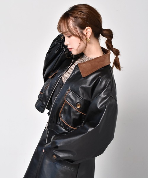 ems excite（エムズエキサイト）の「エコレザーブルゾン（ダウンジャケット/コート・レディース・アイボリー/ブラック・FREE）」の12枚目の写真