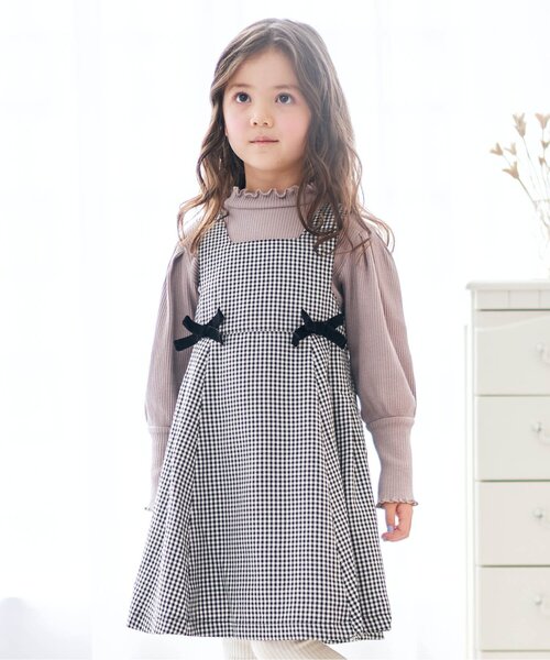 apres les cours（アプレレクール）の「ウエストリボンジャンパースカート（ジャンパースカート・キッズ・ベージュ/チェック・90/100/110/120/80/130/140）」の2枚目の写真