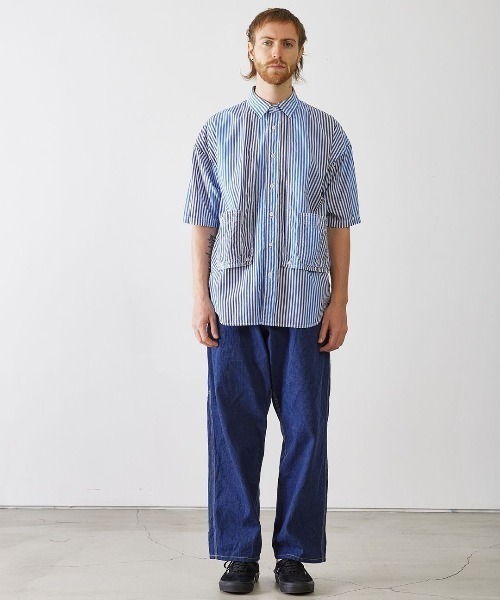CAL O LINE（キャルオーライン）の「CAL O LINE /キャルオーライン　STRIPE PAINTER S/S SHIRT ストライプペインターショートスリーブシャツ CL221-037（シャツ/ブラウス・メンズ・ブルー・MEDIUM/LARGE/X-LARGE）」の7枚目の写真