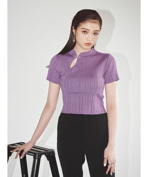 EVRIS(エヴリス)の「チャイナショートニットトップス(ニット/セーター・レディース・グリーン/パープル/ホワイト/ブラック・FREE)」の6枚目の写真