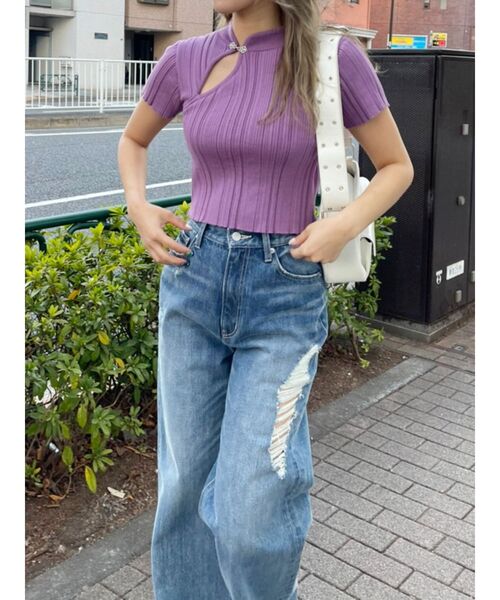 EVRIS(エヴリス)の「チャイナショートニットトップス(ニット/セーター・レディース・グリーン/パープル/ホワイト/ブラック・FREE)」の8枚目の写真