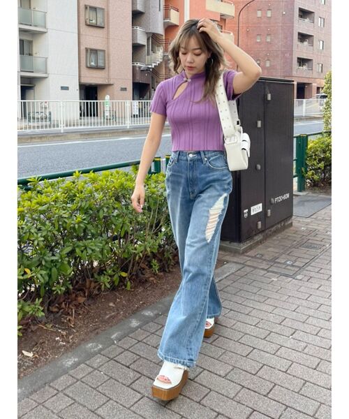 EVRIS(エヴリス)の「チャイナショートニットトップス(ニット/セーター・レディース・グリーン/パープル/ホワイト/ブラック・FREE)」の9枚目の写真