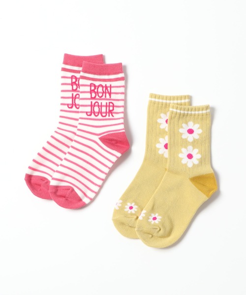 KP DECO(ケーピーデコ)の「【日本製】お花とボーダーのクルーソックス2足セット(13-15~21-23cm)(ソックス/靴下・キッズ・オフホワイト/イエロー系その他・18cm/14cm/20cm/22cm/16cm)」の2枚目の写真