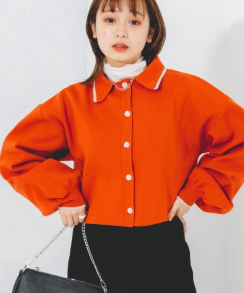 nemne store（ネンネストア）の「ライン入り衿付き配色カラーカーディガン（カーディガン/ボレロ・レディース・アイボリー/グリーン/ピンク/オレンジ・フリー）」の4枚目の写真