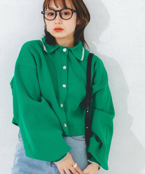 nemne store（ネンネストア）の「ライン入り衿付き配色カラーカーディガン（カーディガン/ボレロ・レディース・アイボリー/グリーン/ピンク/オレンジ・フリー）」の3枚目の写真