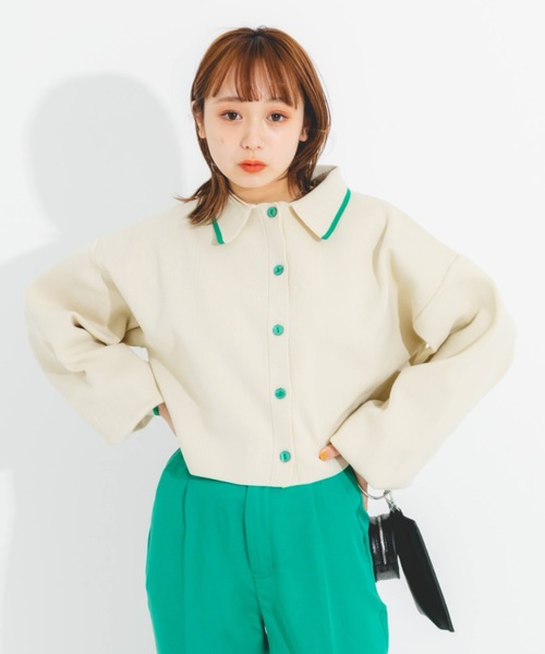 nemne store（ネンネストア）の「ライン入り衿付き配色カラーカーディガン（カーディガン/ボレロ・レディース・アイボリー/グリーン/ピンク/オレンジ・フリー）」の5枚目の写真